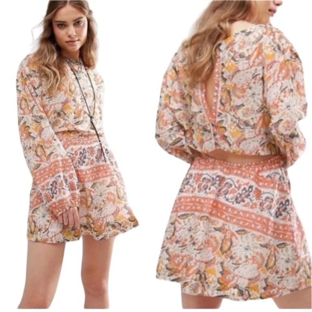 Free People Cut Away Silver Sun Printed Long‎ Sleeve Dress size small